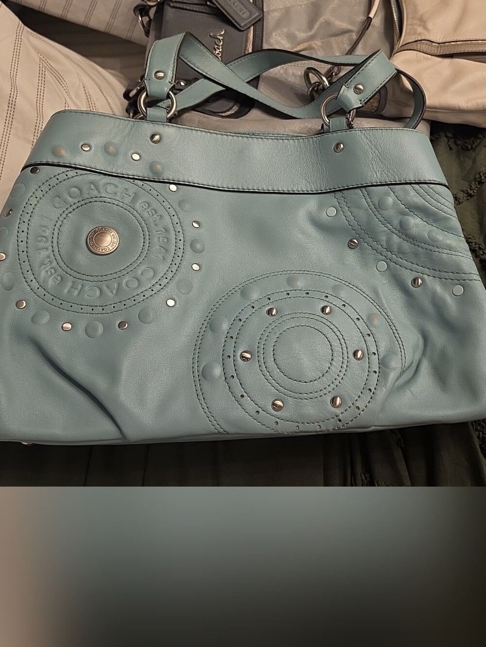 COACH Light Blue Studded Leather Shoulder Bag